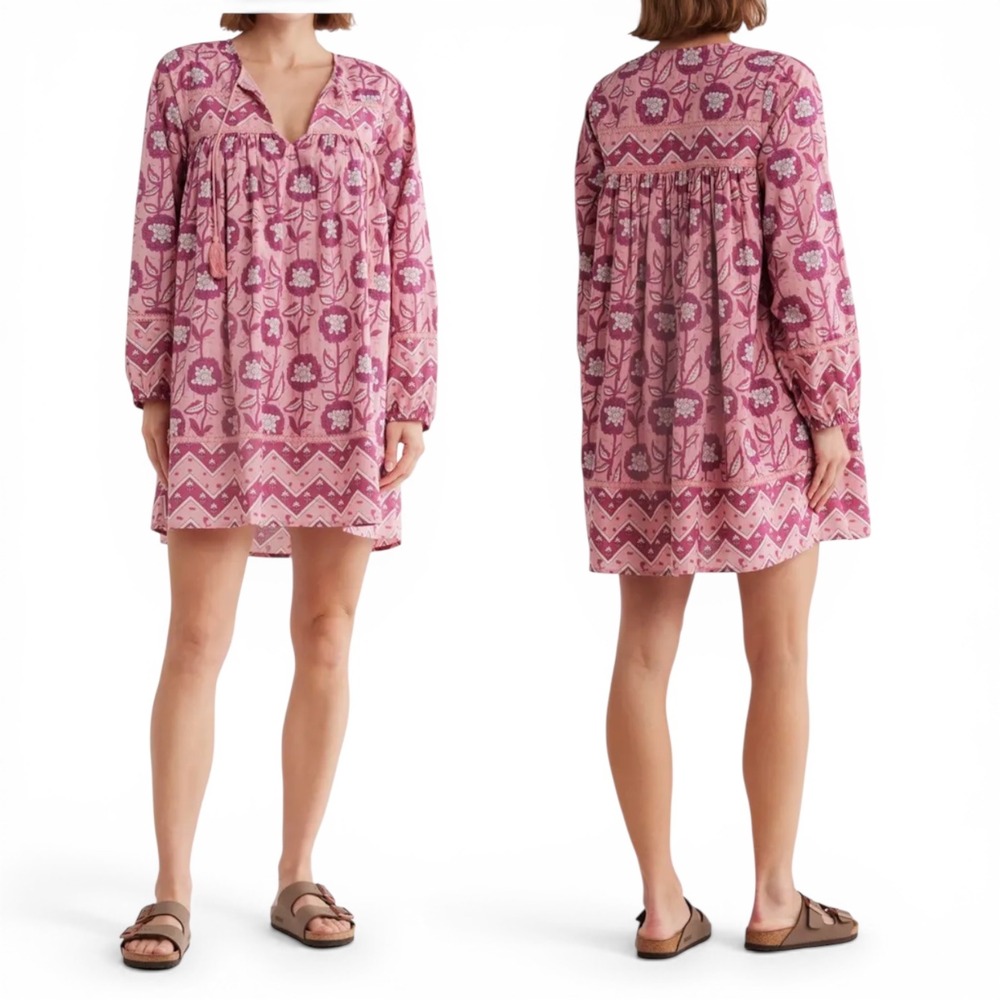 Maisie Dress Tassel Tie Long Sleeve Cotton Floral Tassel Boho Peasant Pink XL